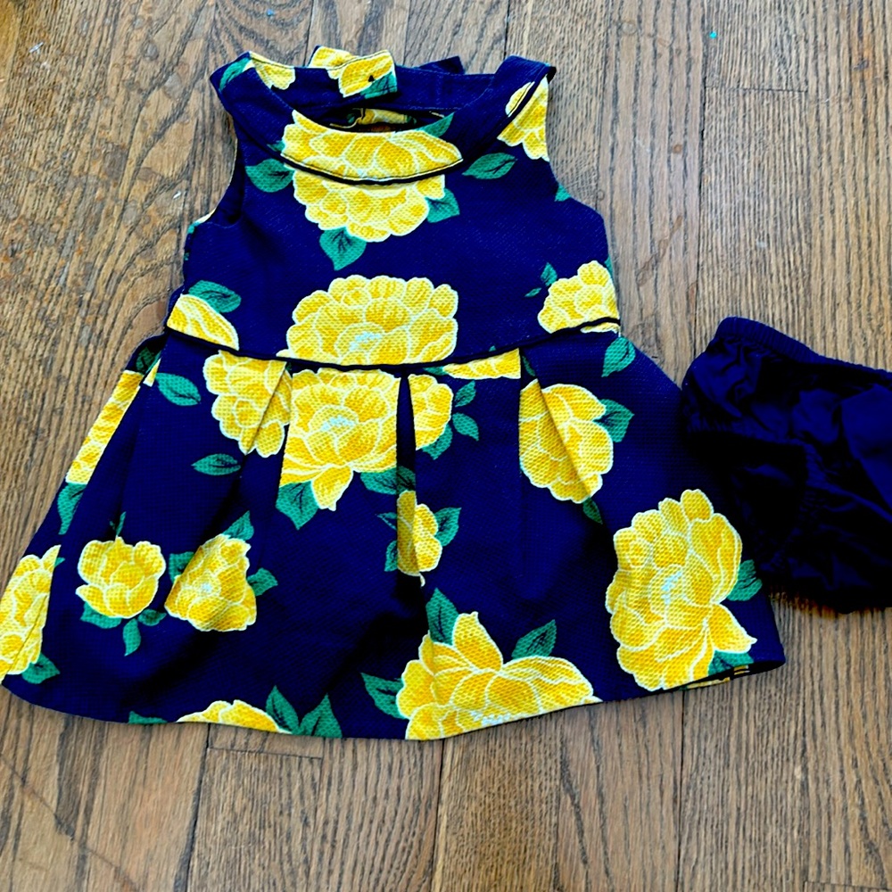 Janie and jack Hamptons hideaway yellow navy flower floral Pique dress w bloomer